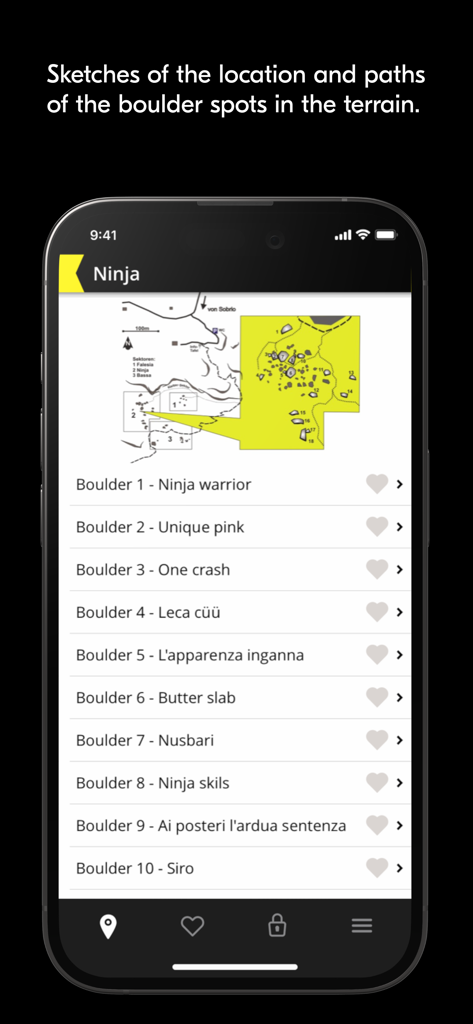 Bimano Boulder - Bimano Boulder app screenshot showing a map sketch and boulder list for the Ninja area