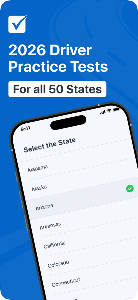 DMV WRITTEN TEST - Interface of the DMV Written Test app showing a list of US states to select for driver practice tests