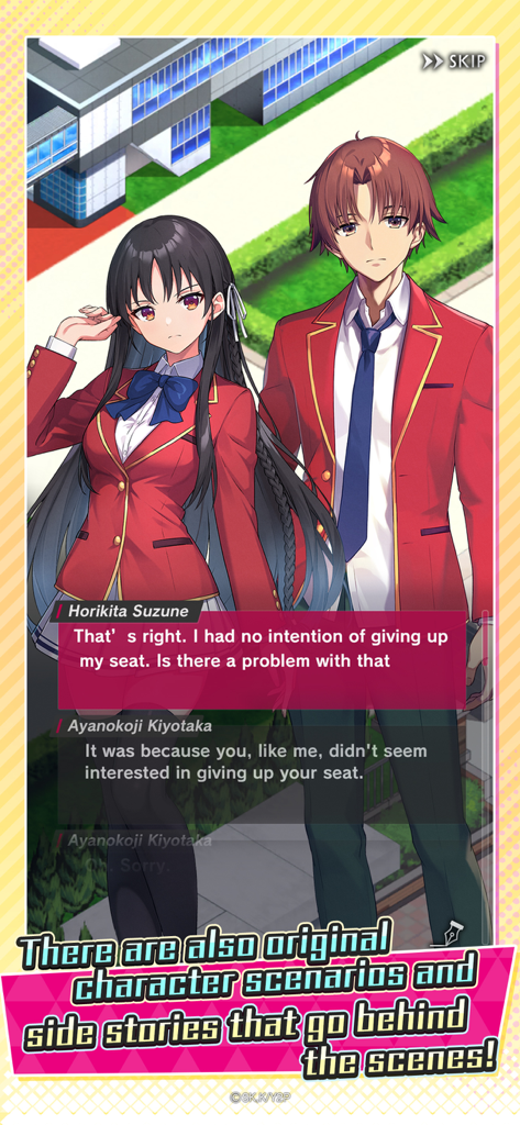 Classroom of the Elite - Visual novel dialogue scene in the Classroom of the Elite game featuring Horikita and Ayanokoji