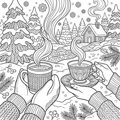Discover the comforting embrace of winter with this beautiful coloring page featuring hands gently holding steaming mugs and teacups. Immerse yourself in a serene snowy landscape, perfect for a relaxing and creative escape.