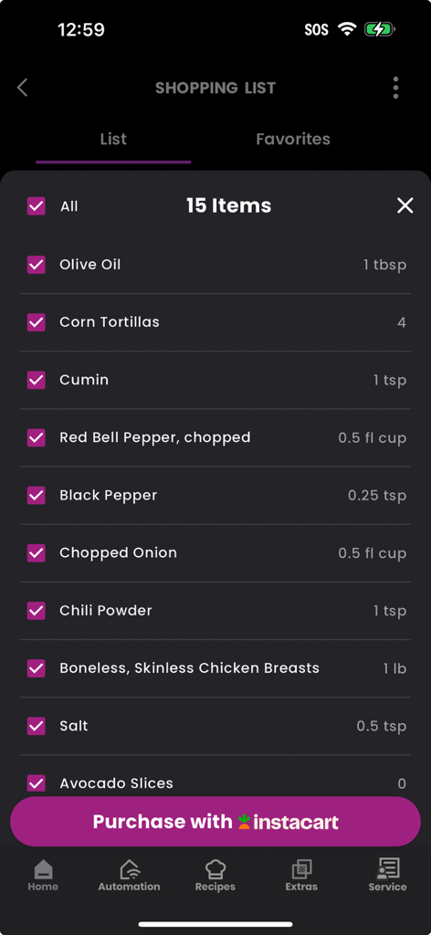 SmartHQ app shopping list interface with Instacart integration for grocery delivery