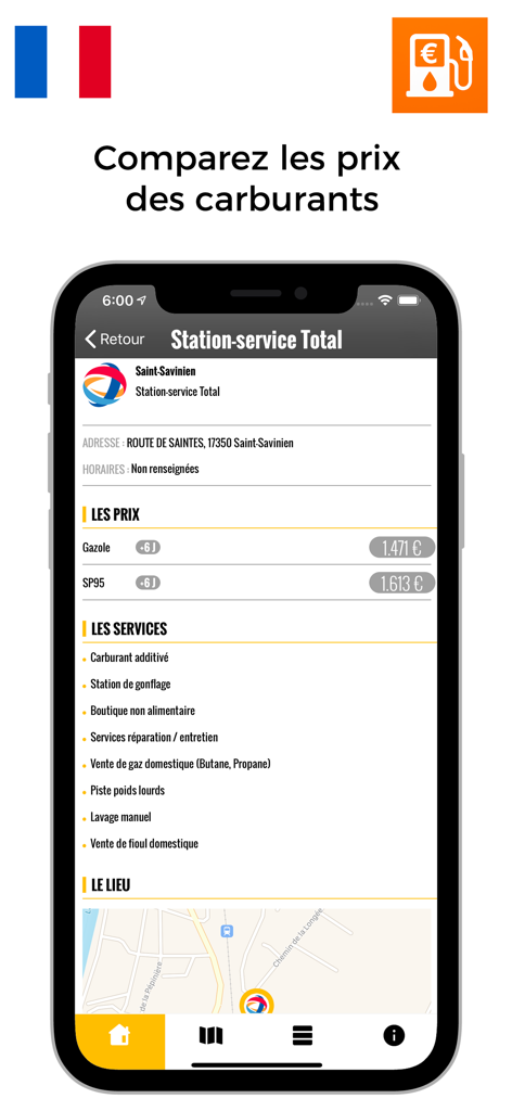 Smartphone, das Kraftstoffpreise und Tankstellendienste in der Prix carburant App anzeigt