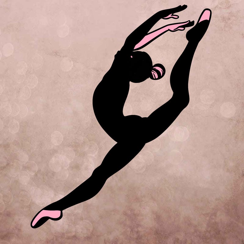 gymnast doing a leap in a leotard with a bent back leg