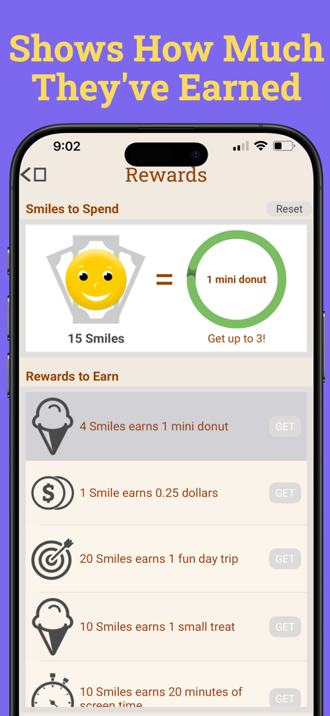 Smiles & Frowns - Kids View - Smiles and Frowns Kids View app rewards screen displaying smiles earned and rewards to unlock
