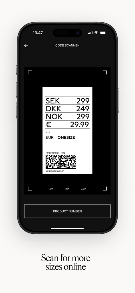 H&M mobile app interface showing the barcode scanning feature to find more product sizes online