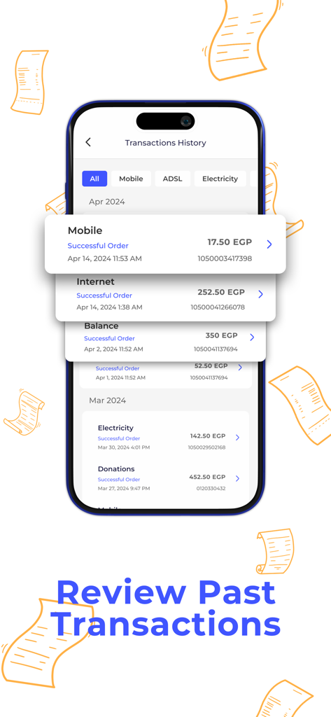 Sahl app transaction history screen showing paid bills for mobile internet and electricity