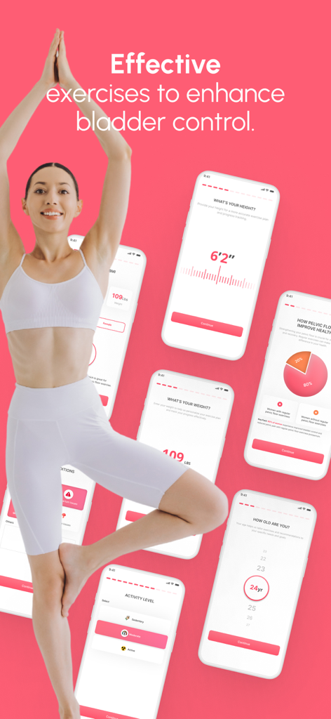 Pelvic Floor & Core Coach - Mobile app screens for pelvic floor exercises and bladder control with a woman in a yoga pose