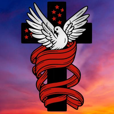american flag wrapped around a cross with a dove