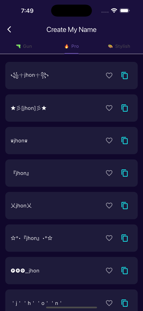 Name Generator For Games - Interface of Name Generator For Games showing various professional and stylish nickname options with symbols for gamers
