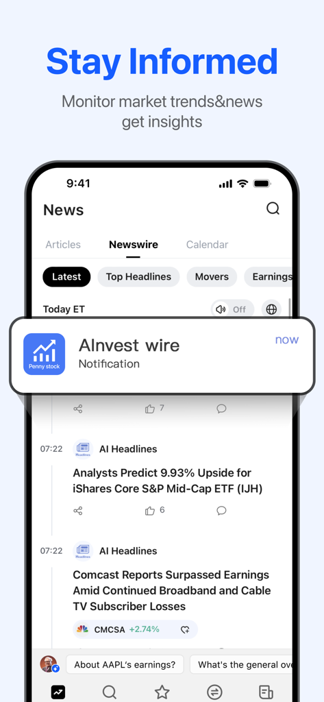 A mobile app interface displaying real-time stock news and AI-generated market insights with a push notification alert.