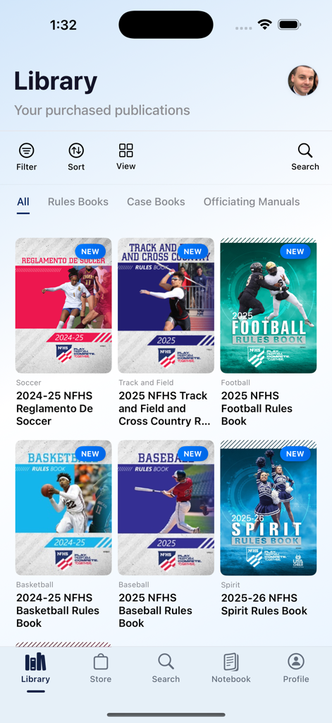 NFHS Digital - The NFHS Digital app library screen showing a selection of high school sports rulebooks including football basketball and baseball