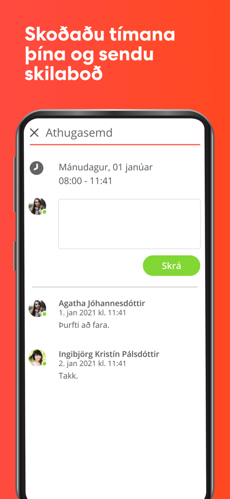 Tímon - Interfaccia dell'app mobile Timon che mostra la cronologia dei commenti e della messaggistica per le ore di lavoro dei dipendenti.