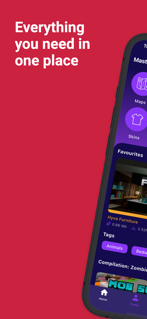 Mods, Skins for Minecraft PE - マップ、スキン、家具のカテゴリを表示するMinecraft PE用MODおよびスキンアプリのインターフェースのスクリーンショット。