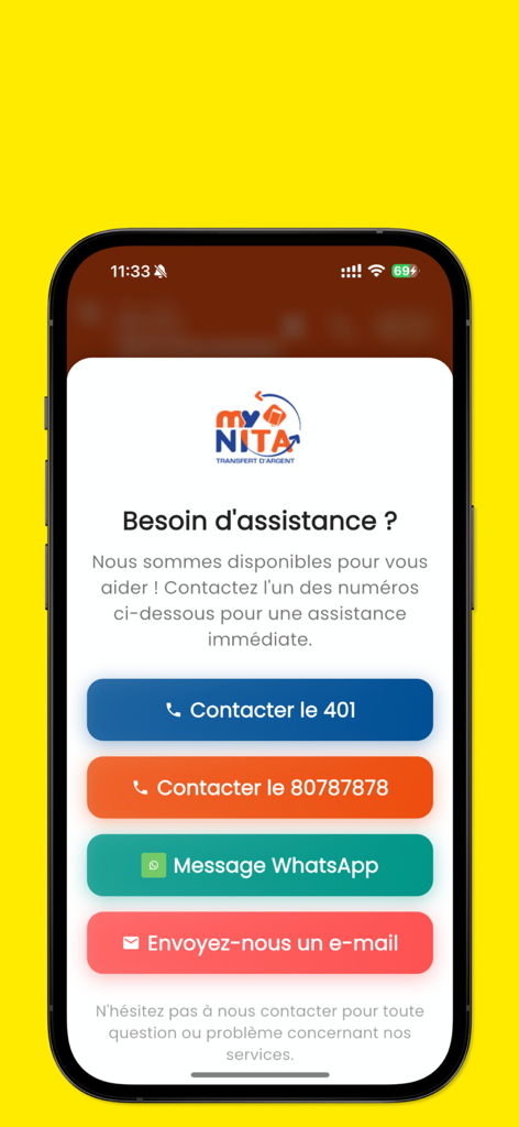 MyNITA Transfert - MyNITA Transfert customer support screen with phone, WhatsApp and email contact options