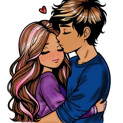 a realistic couple boy and girl hugging and kissing