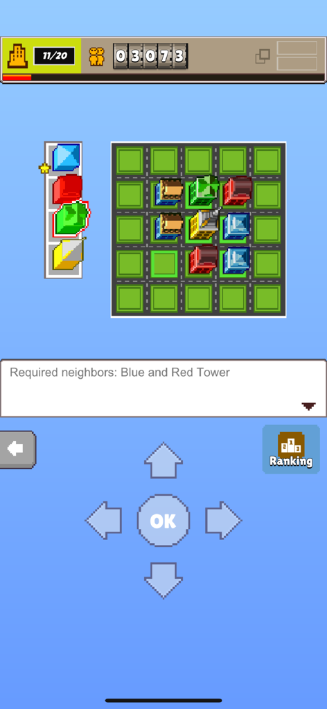 City Bloxx gameplay screenshot showing tower placement grid and retro mobile d-pad controls