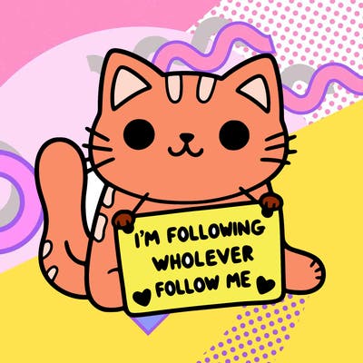 cat with a sign that says i’m following whoever follows me