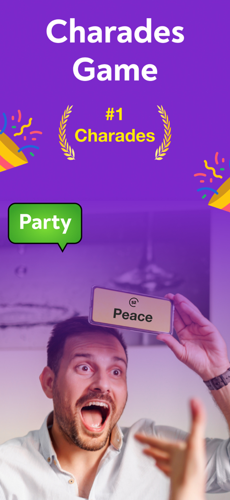Charades & Headbands - GuessUp - Man playing a charades party game by holding a smartphone on his forehead displaying the word Peace.