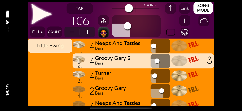 User interface of the Funk Drummer app in Song Mode showing a sequence of rhythmic patterns and playback controls