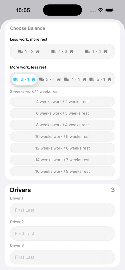 iDrive Truck - iDrive Truck app interface showing work rest balance settings and driver management options