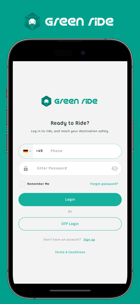 Green Ride – Taxi & Delivery - Écran de connexion de l'application de taxi et de livraison Green Ride montrant les champs de saisie du numéro de téléphone et du mot de passe