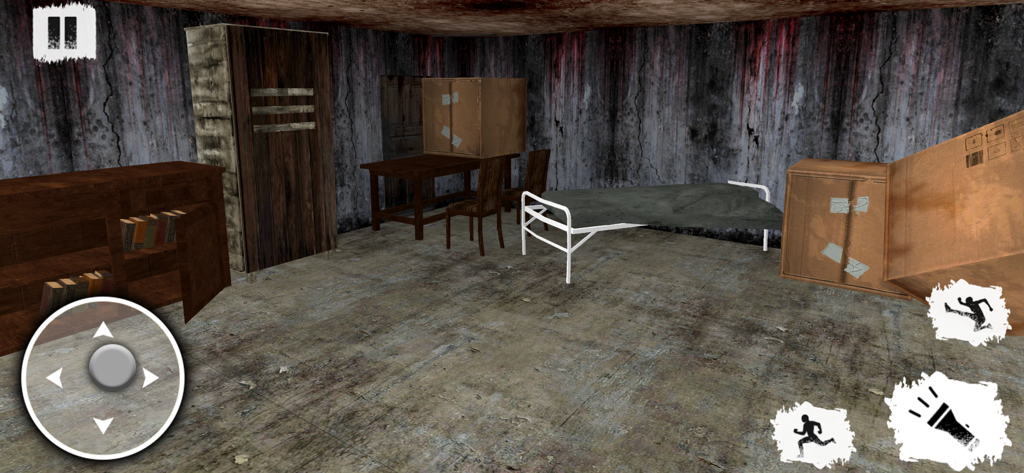 Scary Granny House Escape Game - First person gameplay view of a creepy room with a bed and cabinets in a horror escape game