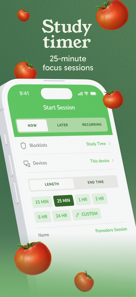 Freedom: Screen Time Control - Freedom app interface for a 25 minute Pomodoro study timer focus session