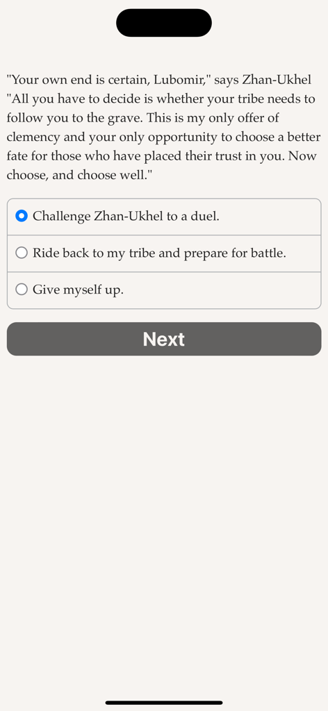 Uma captura de tela do jogo mostrando texto narrativo e escolhas do jogador no romance interativo Saga of the North Wind.