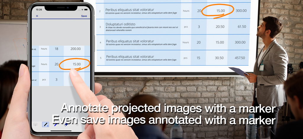 Epson iProjection - A professional using the Epson iProjection app to annotate a document on a projector screen using a smartphone.