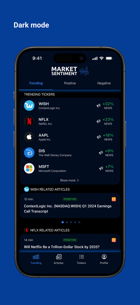 Market Sentiment - Market Sentiment app dashboard in dark mode displaying trending stock tickers and related news summaries