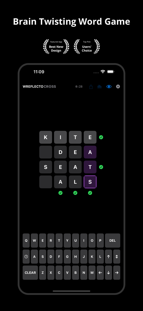 Offline Game: Wreflecto Word - Interfaz del juego Wreflecto Cross con una cuadrícula de palabras de 4x4 con tema oscuro y un diseño de teclado móvil