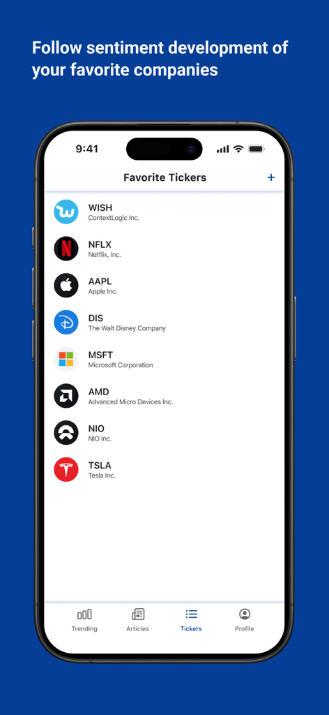Market Sentiment - Market Sentiment app interface displaying a list of favorite stock tickers like Apple Microsoft and Tesla