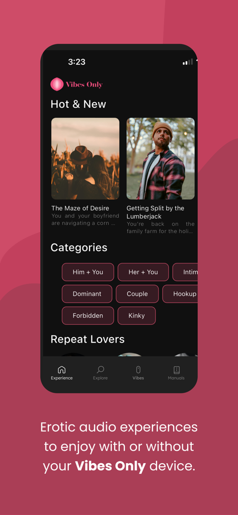 Vibes Only - Vibes Only app interface showing audio erotica categories and featured stories like The Maze of Desire.