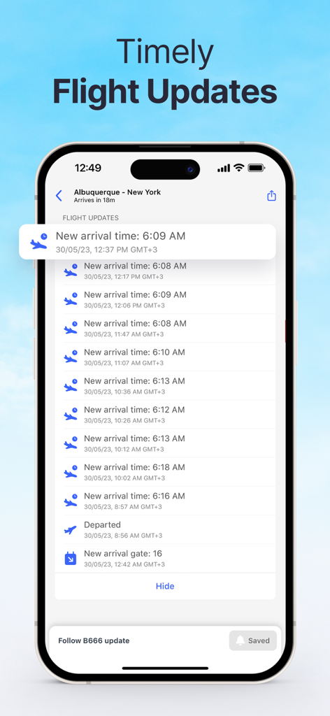 Planes Live app interface showing real-time flight updates and arrival time history