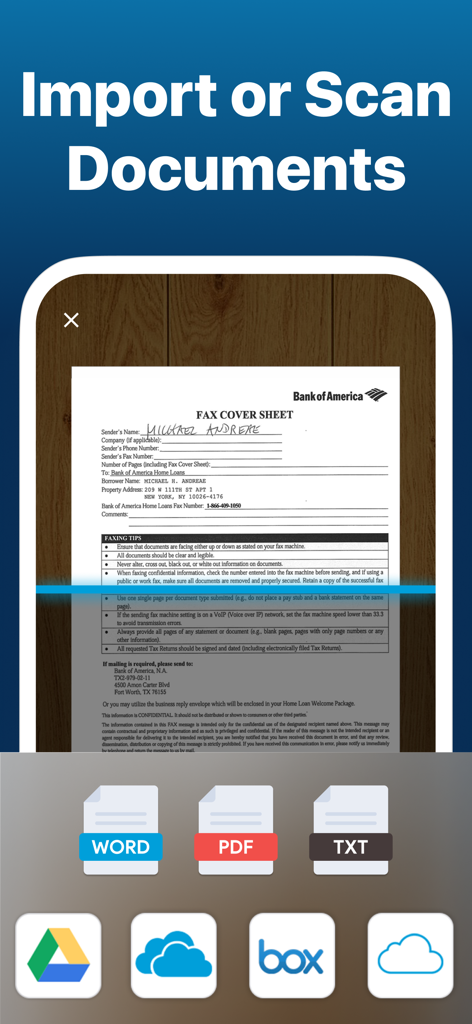 iFax App Send Fax From iPhone - iFaxアプリのモバイルインターフェースが、クラウドストレージからのインポートオプション付きのFAX送付状をスキャン