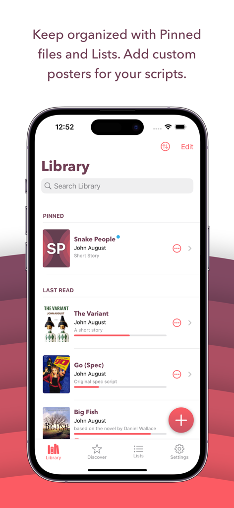Weekend Read 2 app library showing organized movie scripts and screenplays on an iPhone.
