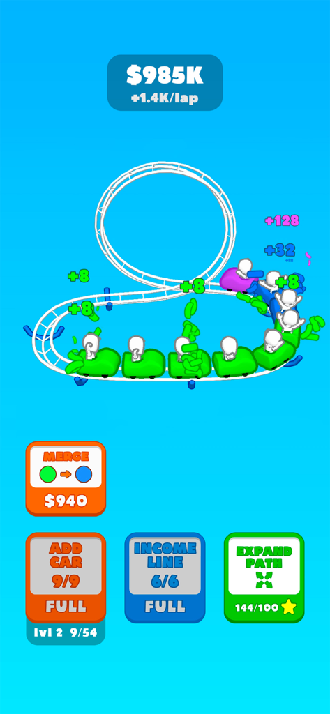 Super Loop!! - Una pista de montaña rusa con coches y botones de mejora en el juego móvil Super Loop.