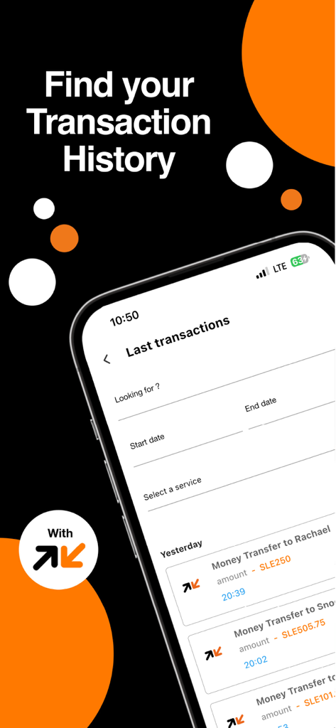 Orange Max it - Sierra Leone - Orange Max it app interface showing the transaction history screen with money transfer records and search filters.