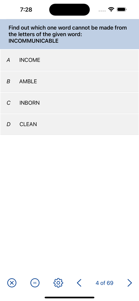 Una schermata di domanda di ragionamento logico a scelta multipla dall'applicazione mobile Aptitude Test ADF