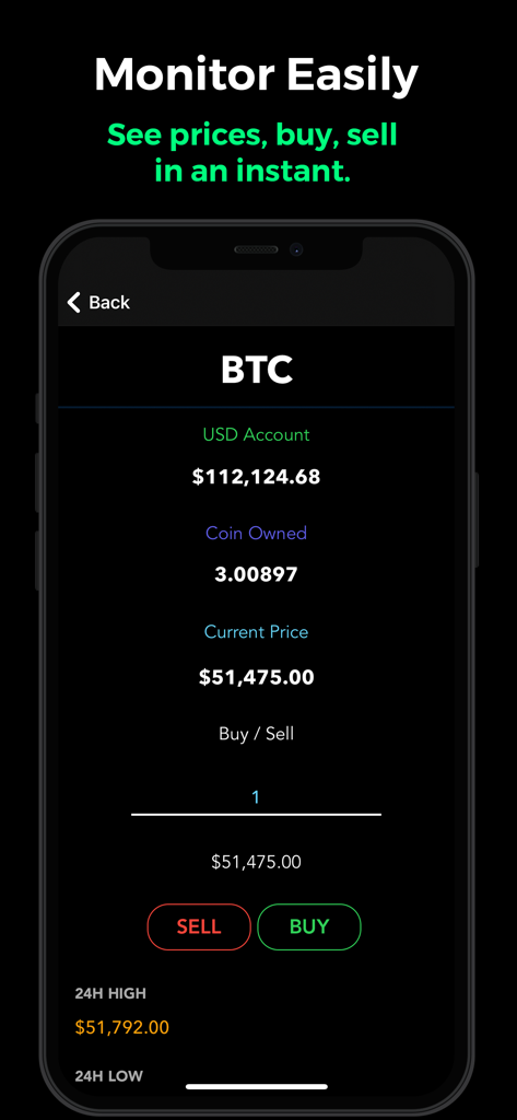 Tela do aplicativo Crypto Trader mostrando o preço ao vivo do Bitcoin e opções de trading virtual.