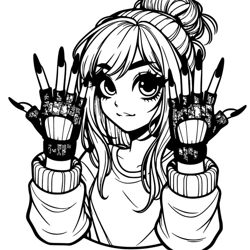 girl with fingerless gloves putting up the metal sign the girl has long nails and a messy bun