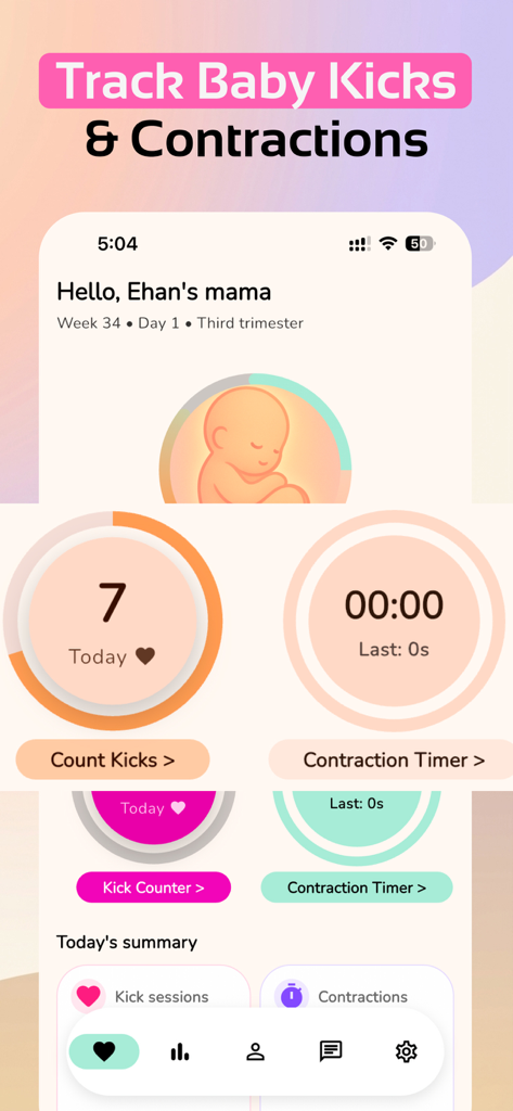 Panel de control de la aplicación de seguimiento de embarazo Bask que muestra el conteo de patadas del bebé y el temporizador de contracciones.