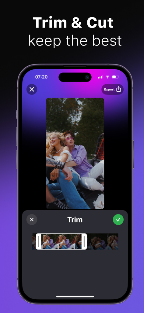 ClipClap: Video Clips Editor - ClipClap 앱 인터페이스, iPhone에서 동영상 편집의 트리밍 및 자르기 기능 표시