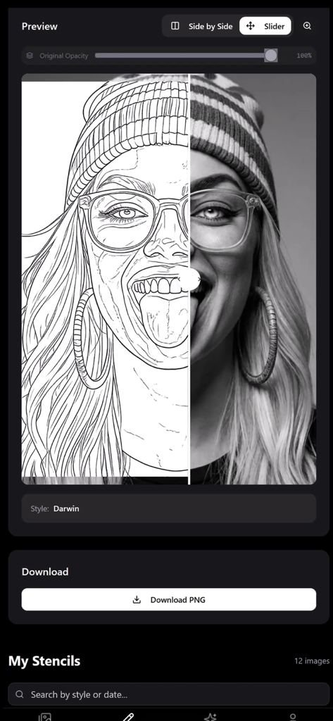 TattooStencilPro - AI Powered - A side-by-side comparison of a portrait photo and its AI-generated tattoo stencil line art in the TattooStencilPro app.