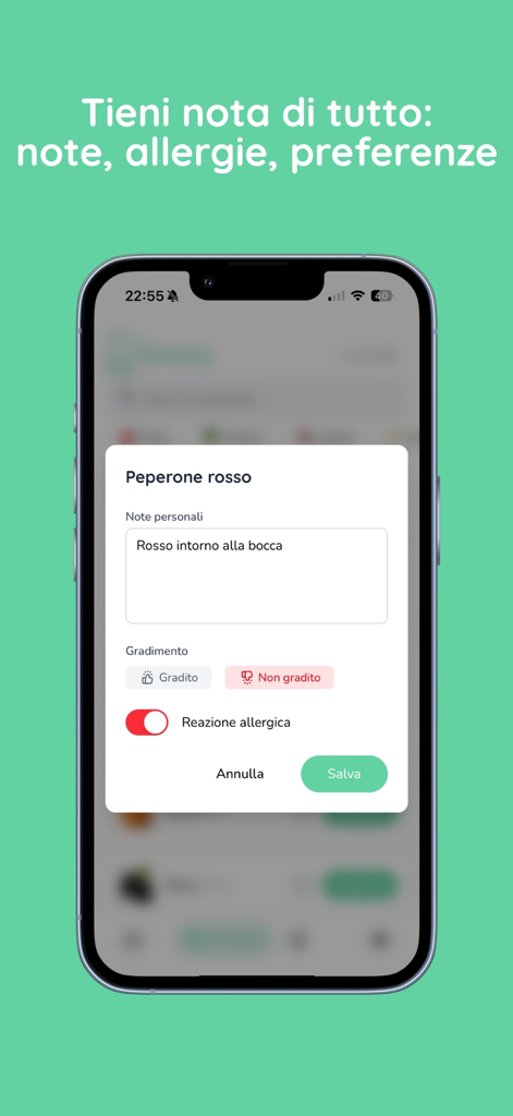 Svezzy - Svezzy app screen for tracking infant food reactions and allergies