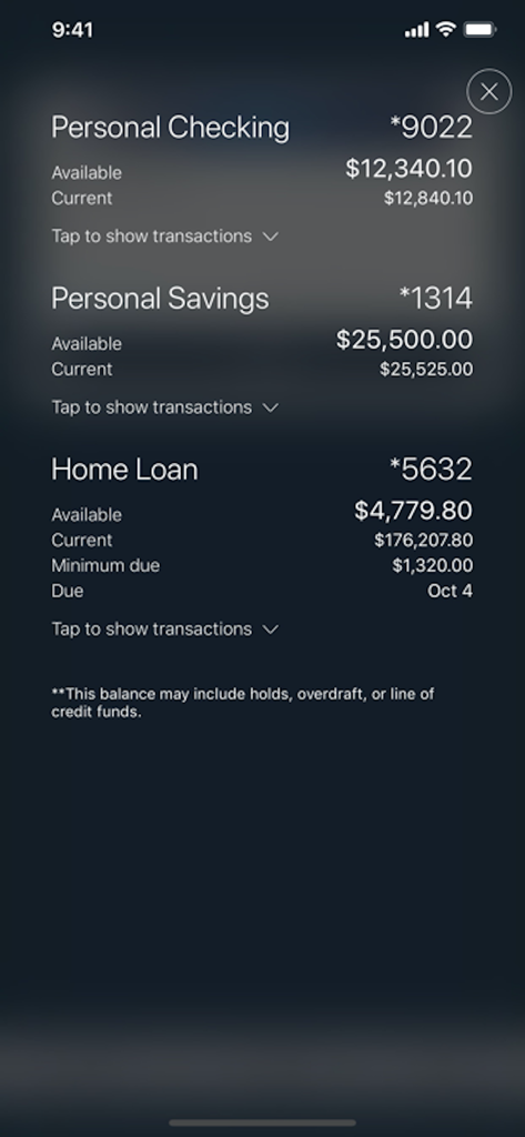 Fidelity Bank - Interface do aplicativo móvel do Fidelity Bank exibindo saldos de contas correntes pessoais, poupança e empréstimos imobiliários.