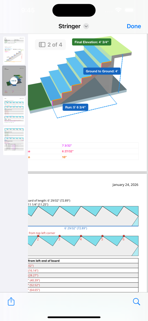 Schéma de mesure du limon d'escalier et liste de coupe dans l'application Calculatrice Pieds et Pouces.