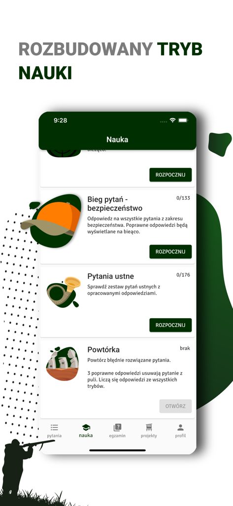 Interfaz de la aplicación Egzamin Lowiecki mostrando varios modos de aprendizaje para el examen de caza polaco.