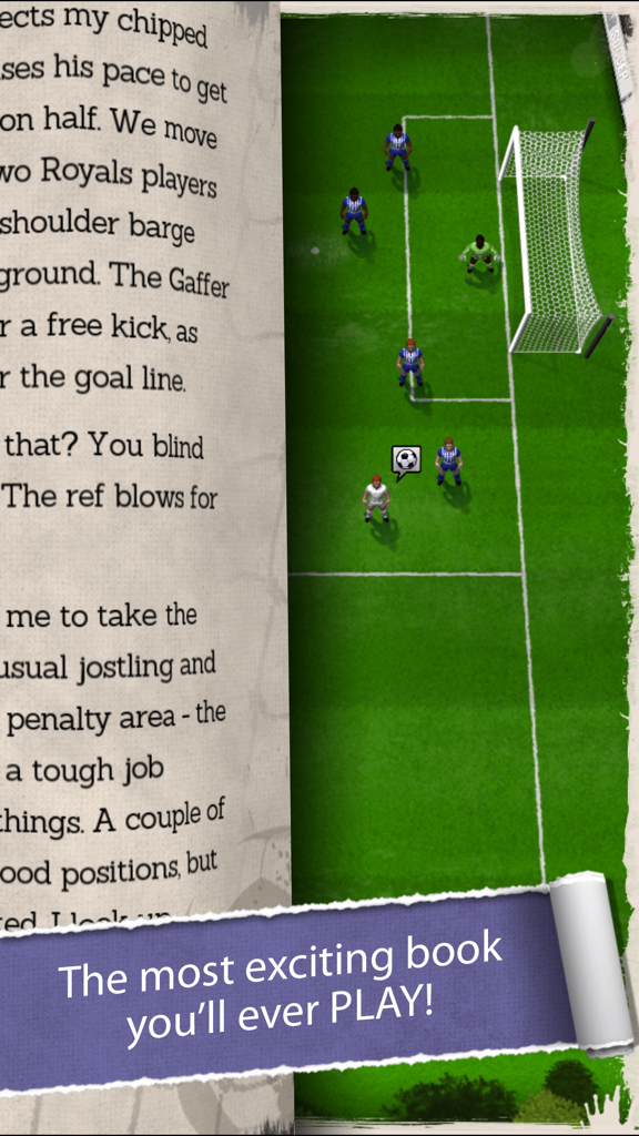 A split screen showing soccer story text on the left and top-down soccer gameplay on the right.