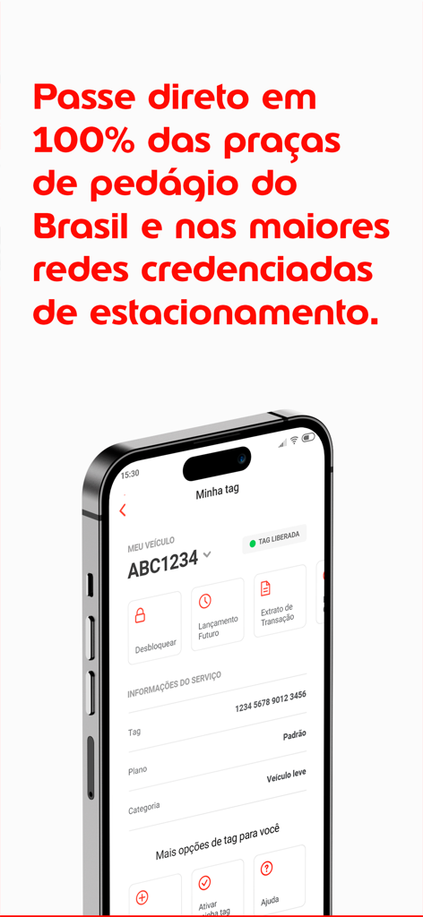 TAG Edenred - Tela do aplicativo móvel TAG Edenred exibindo status de pedágio do veículo e gerenciamento da conta